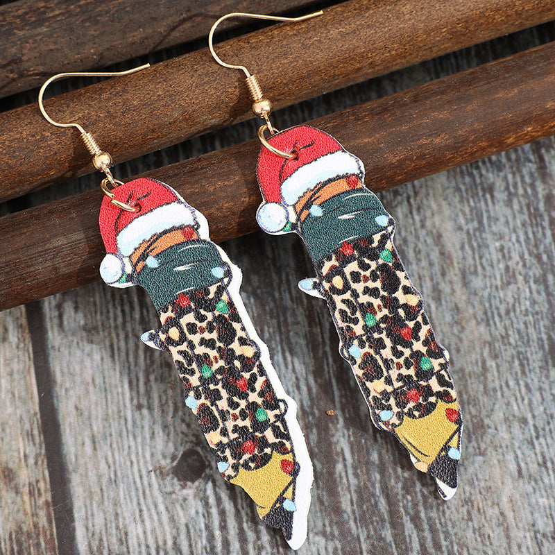 Festive Santa Leopard Feather Leather Earrings