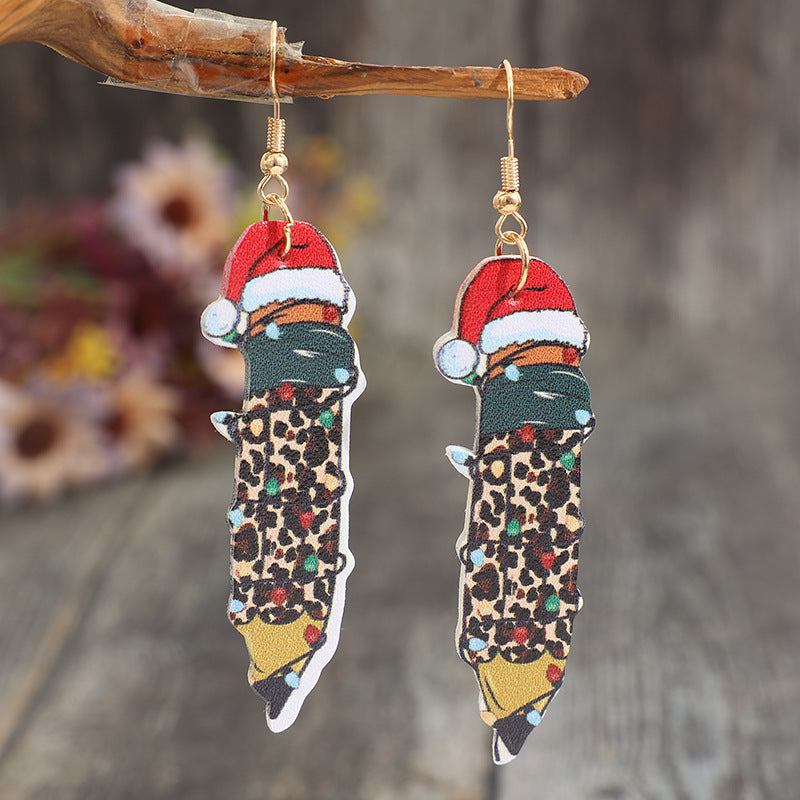 Festive Santa Leopard Feather Leather Earrings