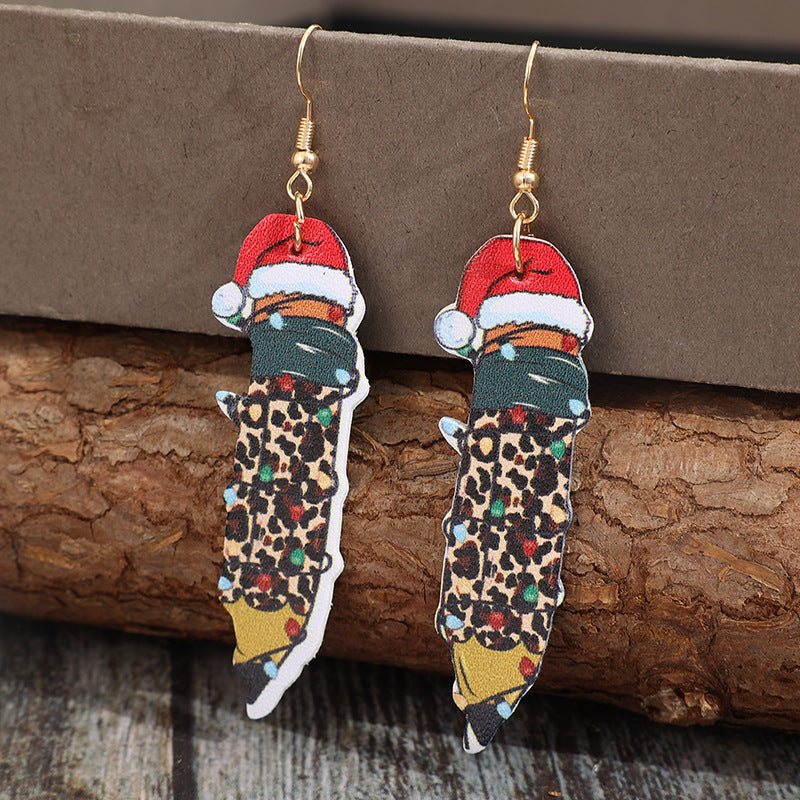 Festive Santa Leopard Feather Leather Earrings