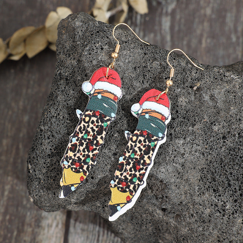 Festive Santa Leopard Feather Leather Earrings