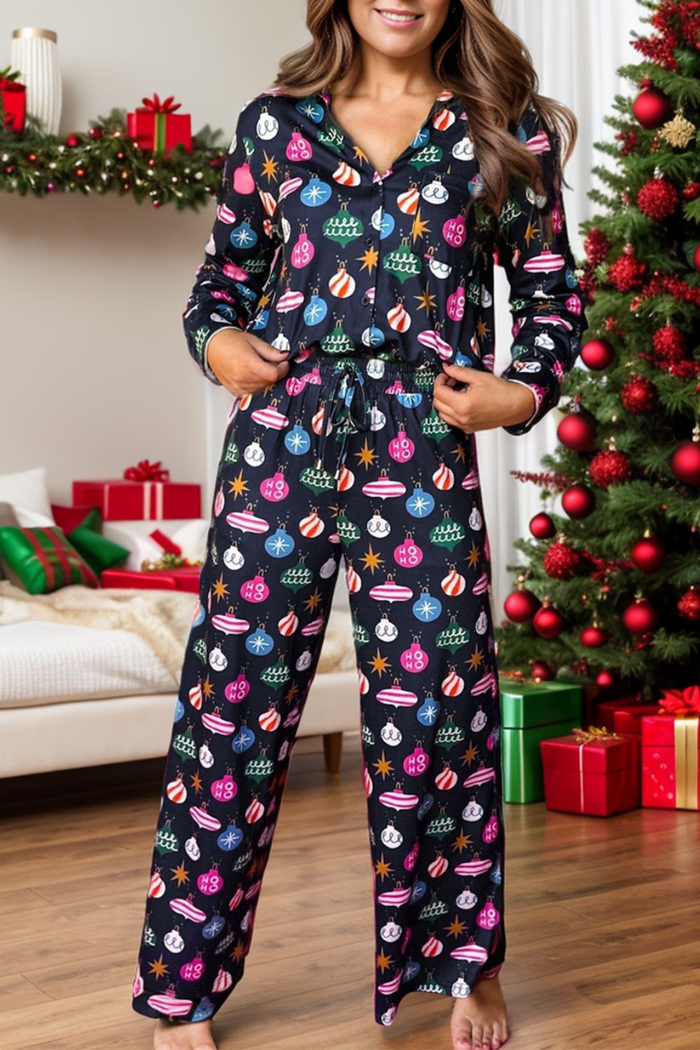 Festive Ornament Print Pajama Set