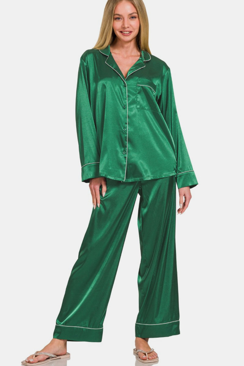 Satin Long Sleeve Shirt and Pants Pajama Set